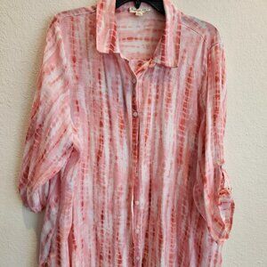 Indigo Rose Boho 2X long Pink Tunic,Beachy Button Down Gawzy Oversized shirt